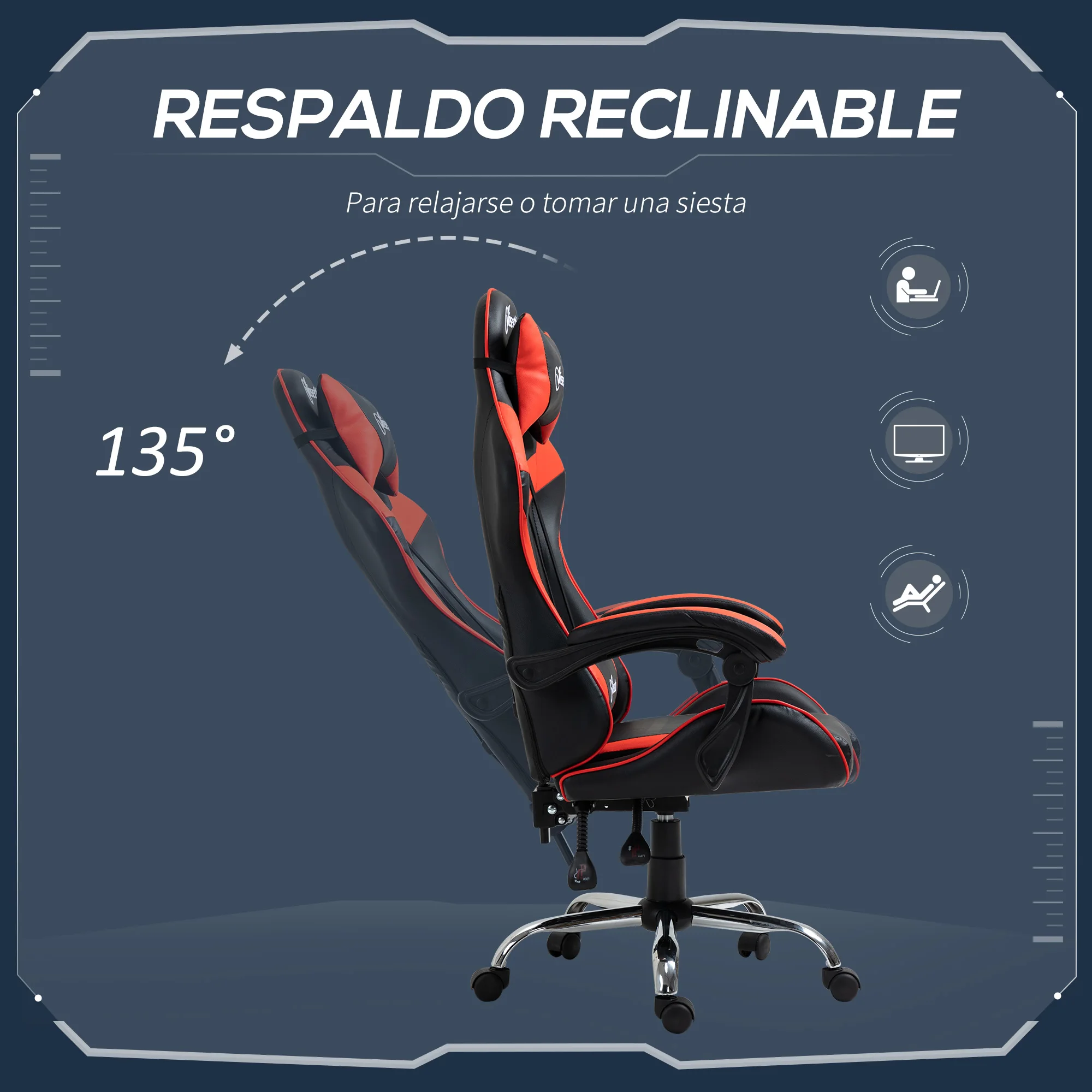 Vinsetto Silla Gaming Ergonómica para Videojuegos Reclinable y Giratoria con Altura Ajustable Reposacabezas y Cojín Lumbar Rojo - imagen 4