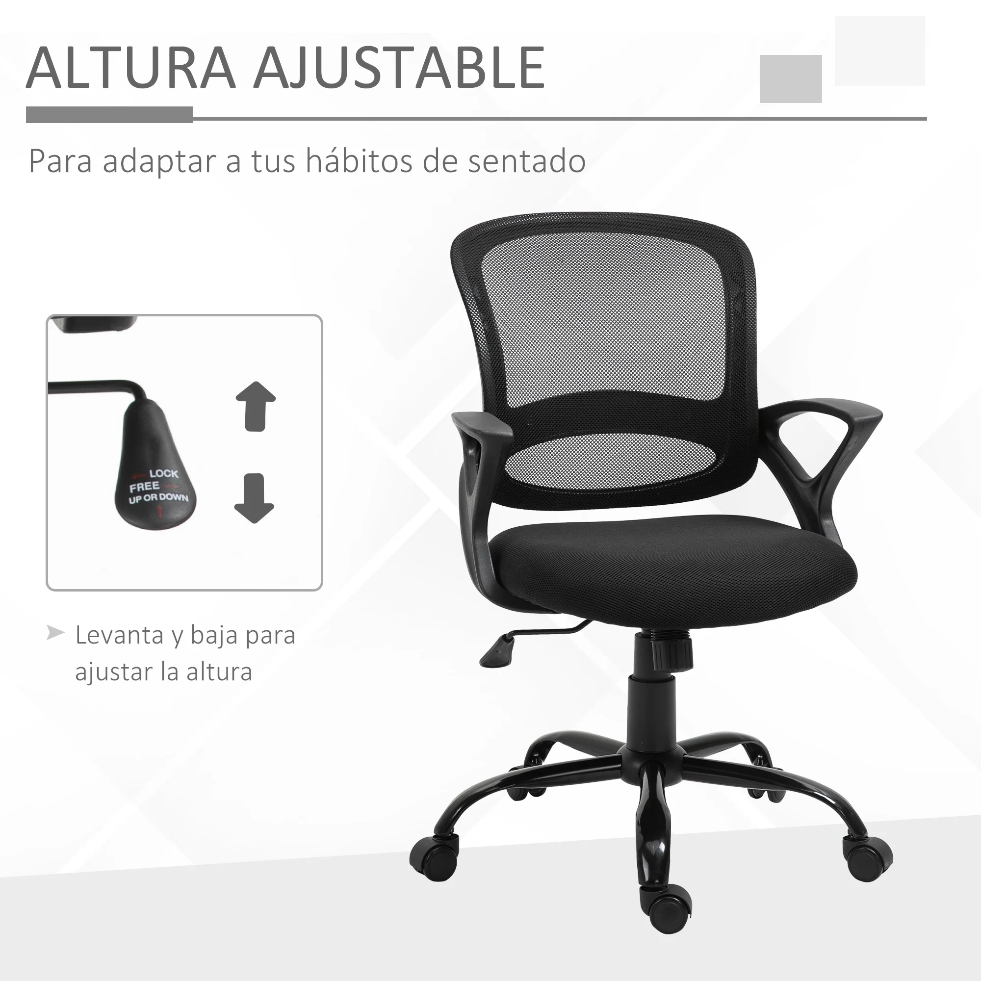 Vinsetto Silla de Oficina Ergonómica Silla de Escritorio Basculante con Altura Ajustable Giratorio 360° y Soporte Lumbar Negro - imagen 3