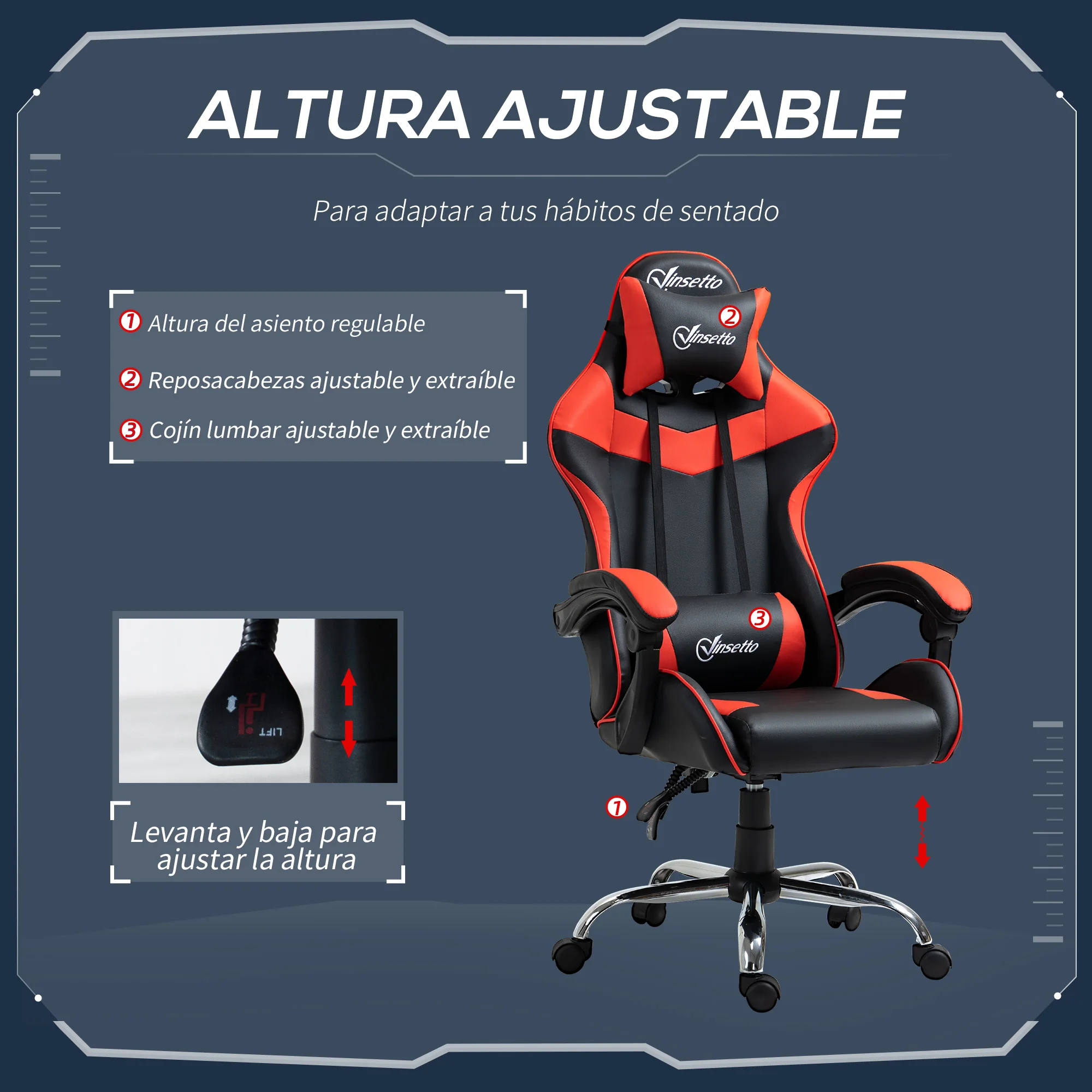 Vinsetto Silla Gaming Ergonómica para Videojuegos Reclinable y Giratoria con Altura Ajustable Reposacabezas y Cojín Lumbar Rojo - imagen 3