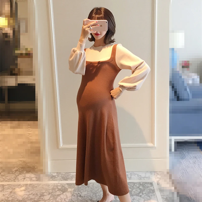 Conjuntos de vestidos gruesos para mujeres embarazadas, suéter de punto informal elástico a media pantorrilla con manga de obispo, ropa de maternidad - imagen 4