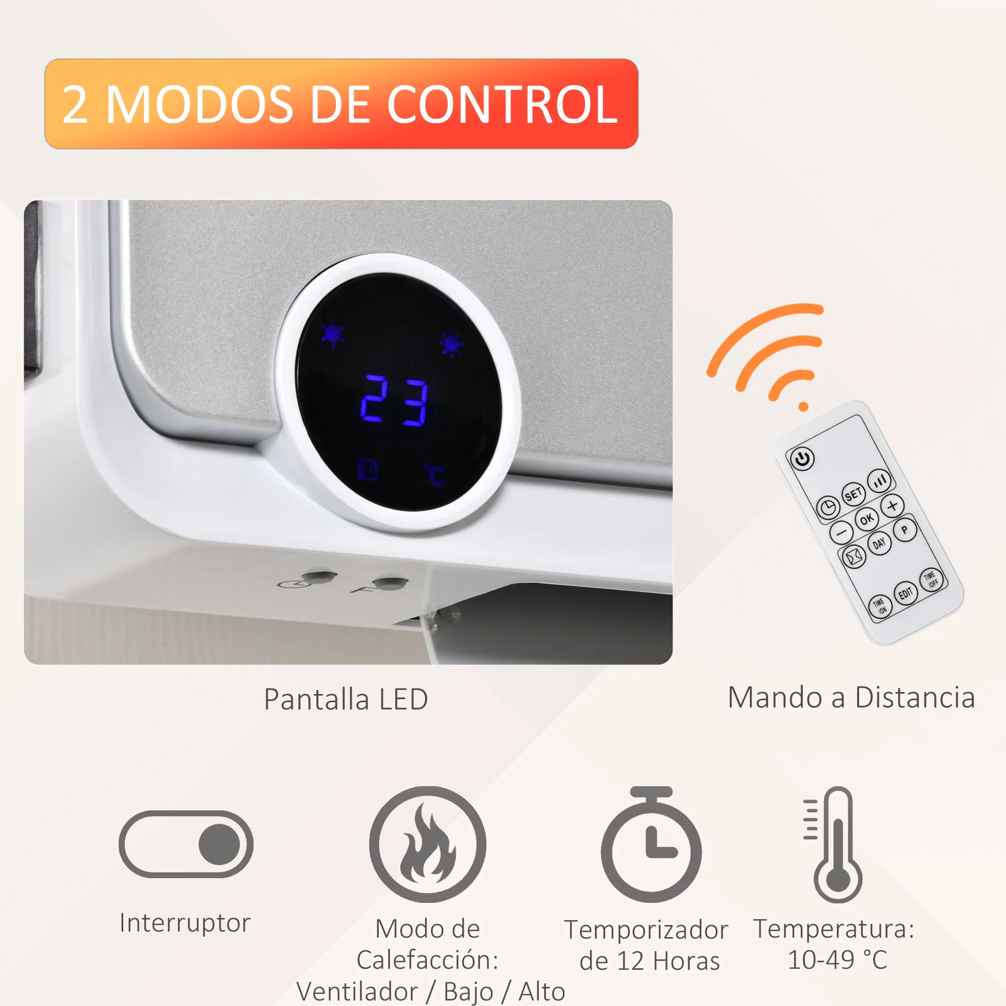 HOMCOM Calefactor Cerámico de Pared 1000W/2000W con Mando a Distancia Pantalla LED Temporizador de 12H Termostato y Protección contra Sobrecalentamiento 56x18,5x11,7 cm Blanco - imagen 3