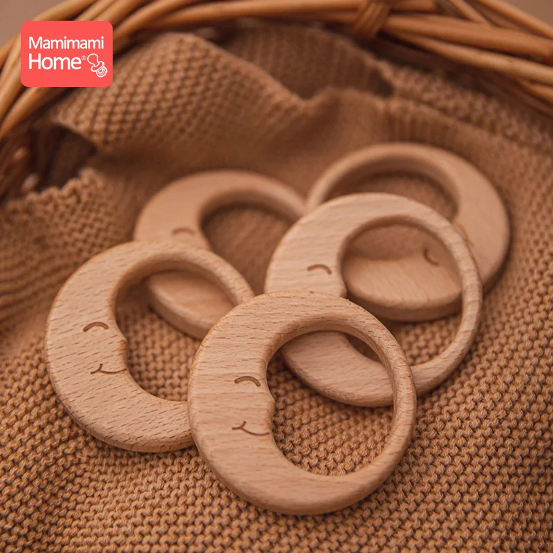 5 piezas de mordedor para bebé, colgantes de cadena de chupete, luna de madera de haya, sin BPA, anillo de dentición de madera, accesorios colgantes, juguetes para niños