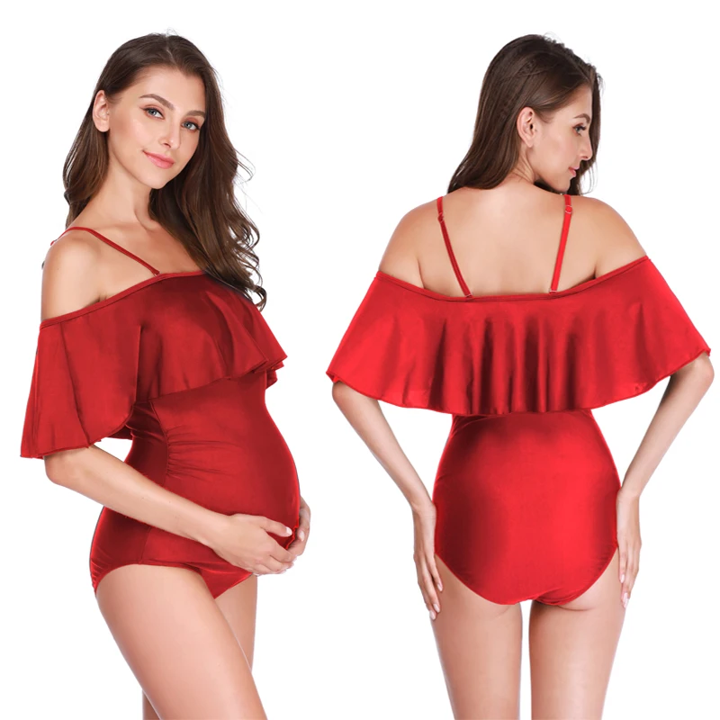 Traje de baño de maternidad para mujer, Bikinis con volantes sólidos sin hombros, bañador de una pieza con cuello Halter de talla grande, ropa de playa para embarazadas, Bodys - imagen 3