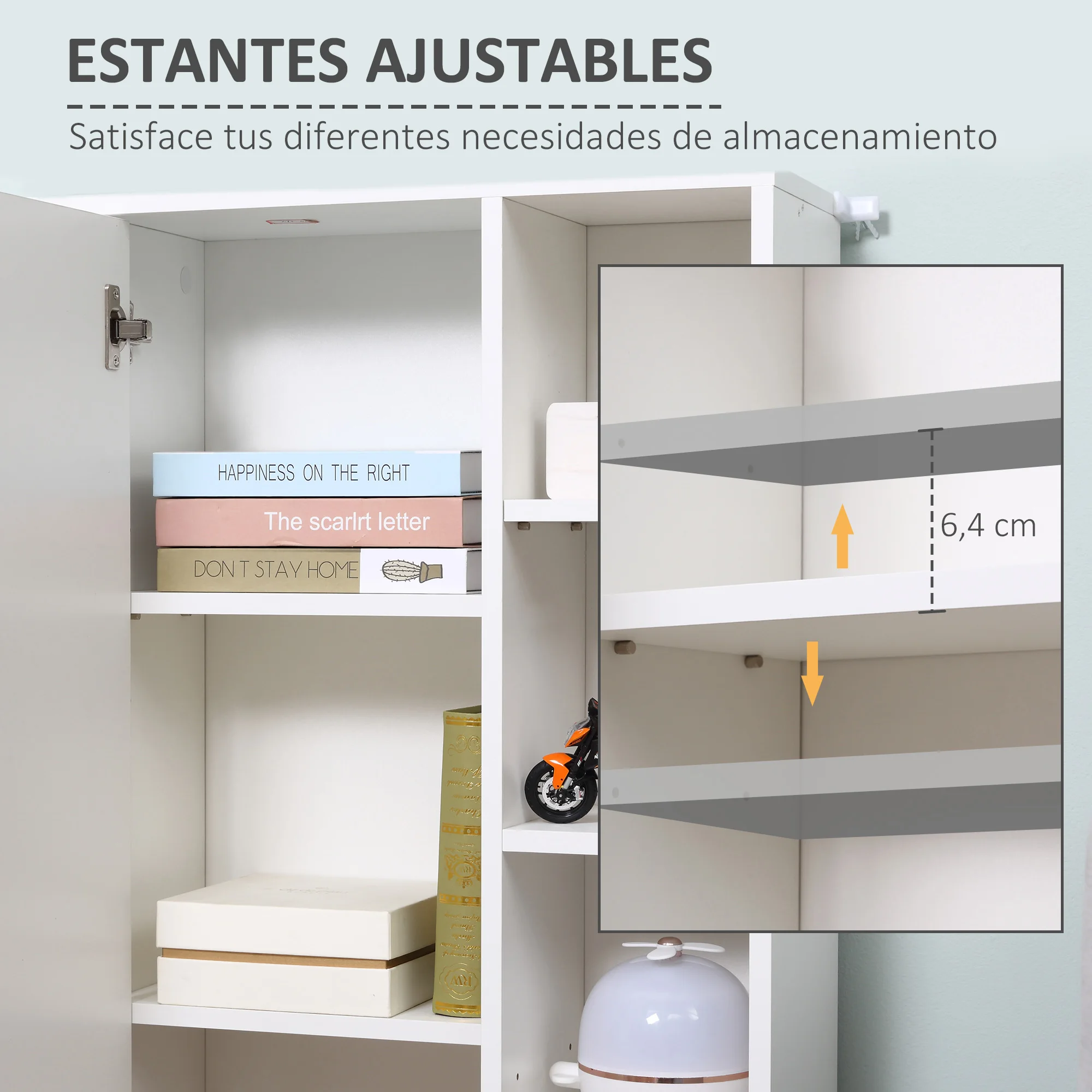 kleankin Armario de Suelo para Baño de Madera con 8 Compartimentos Abiertos y 1 Puerta con Estantes Ajustables Mueble Auxiliar Multiusos para Cocina Salón 71x22x100 cm Blanco - imagen 4