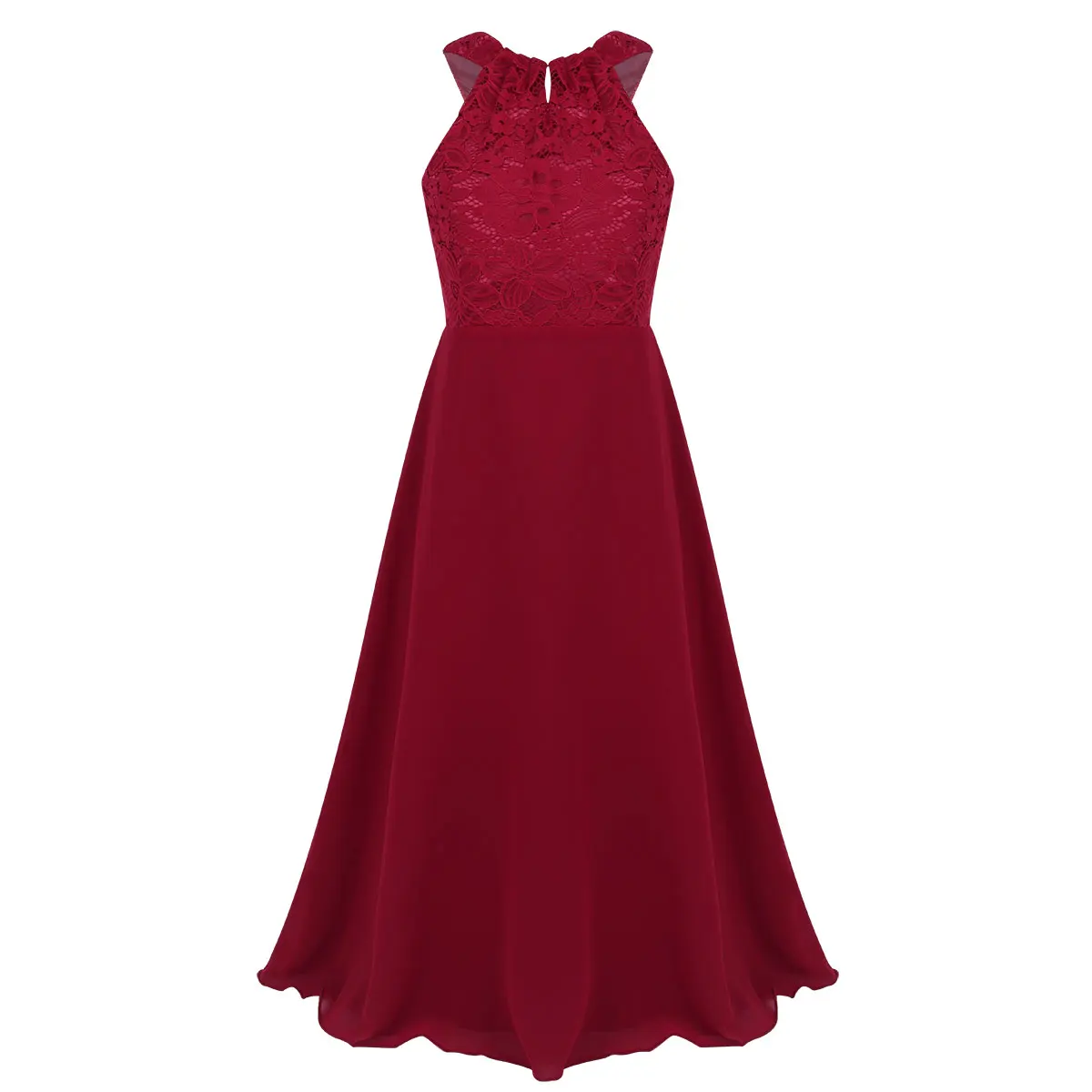 Vestido largo de fiesta para niña con escote halter y encaje - imagen 2