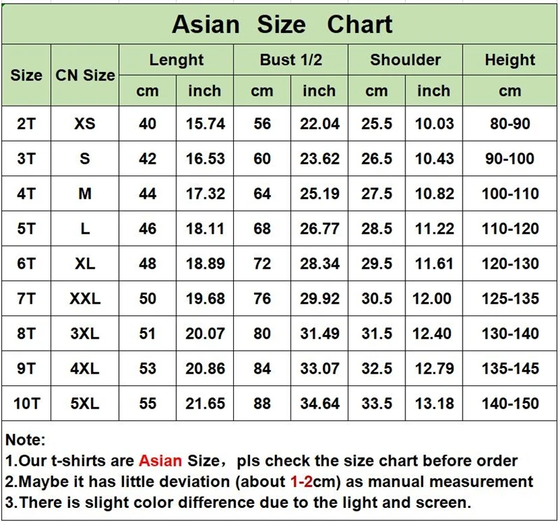 Una tabla de tallas para tallas de camisetas asiáticas. Enumera las diferentes tallas desde XS hasta 5XL junto con sus correspondientes medidas en centímetros y pulgadas de largo, busto, hombros y altura. La tabla está destinada a ayudar a los clientes a elegir la talla correcta en función de las medidas de su cuerpo.