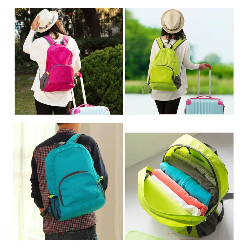 Un collage de cuatro fotografías de personas con mochilas y maletas. En la foto superior izquierda, se ve a una persona desde atrás con una mochila rosa y un sombrero blanco, con una maleta rosa con ruedas.