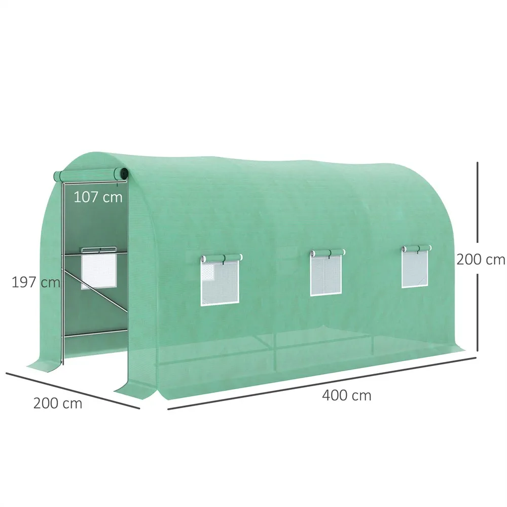 Outsunny Invernadero de Túnel 400x200x200 cm Invernadero de Jardín con Puerta Enrollable y 6 Ventanas Cubierta PE 140 g/m² Marco de Metal para Cultivo Plantas Verduras Verde - imagen 3
