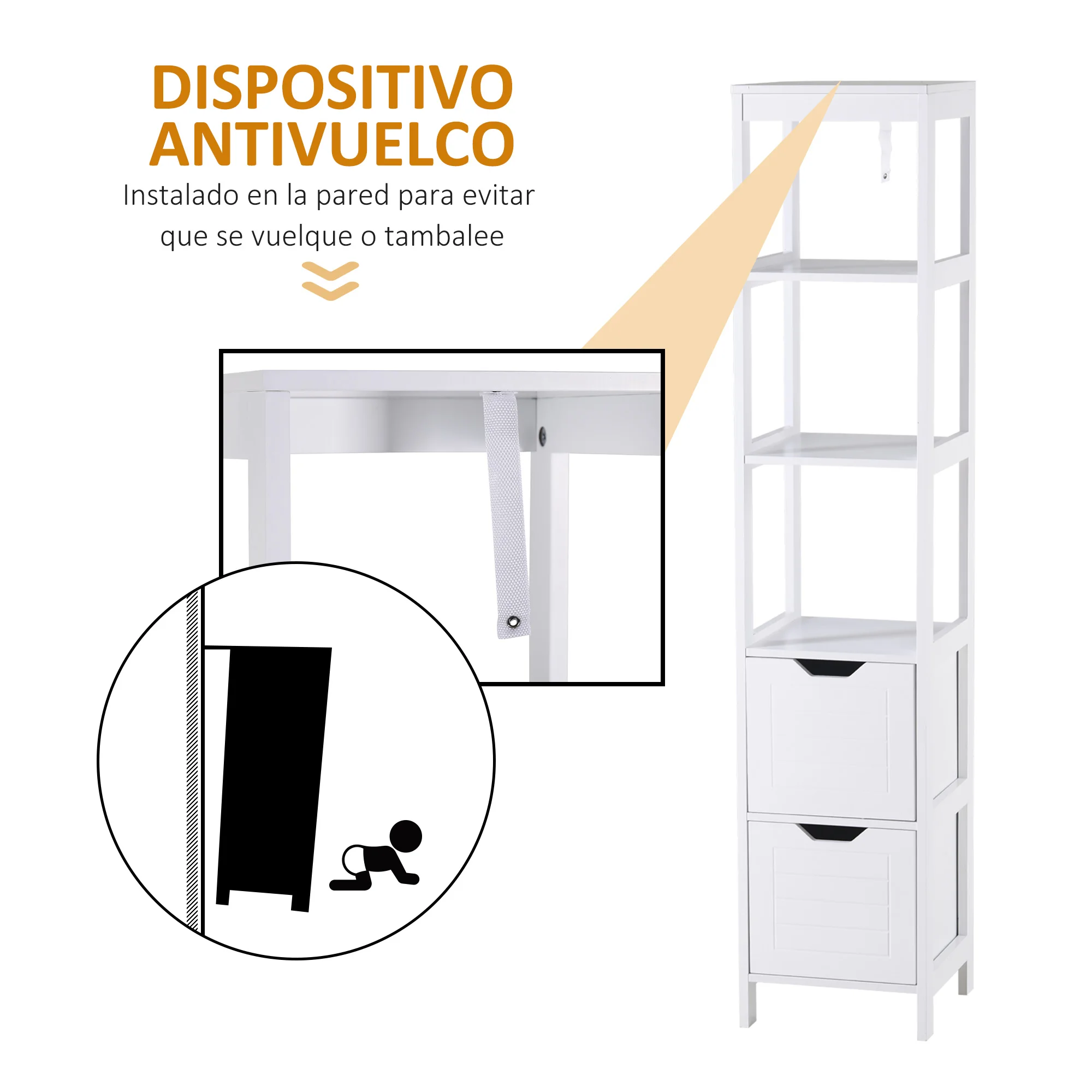kleankin Armario Alto de Baño Multiusos Mueble Columna 3 Estantes Abiertos y 2 Cajones de Almacenaje Diseño Antivuelco Blanco - imagen 4