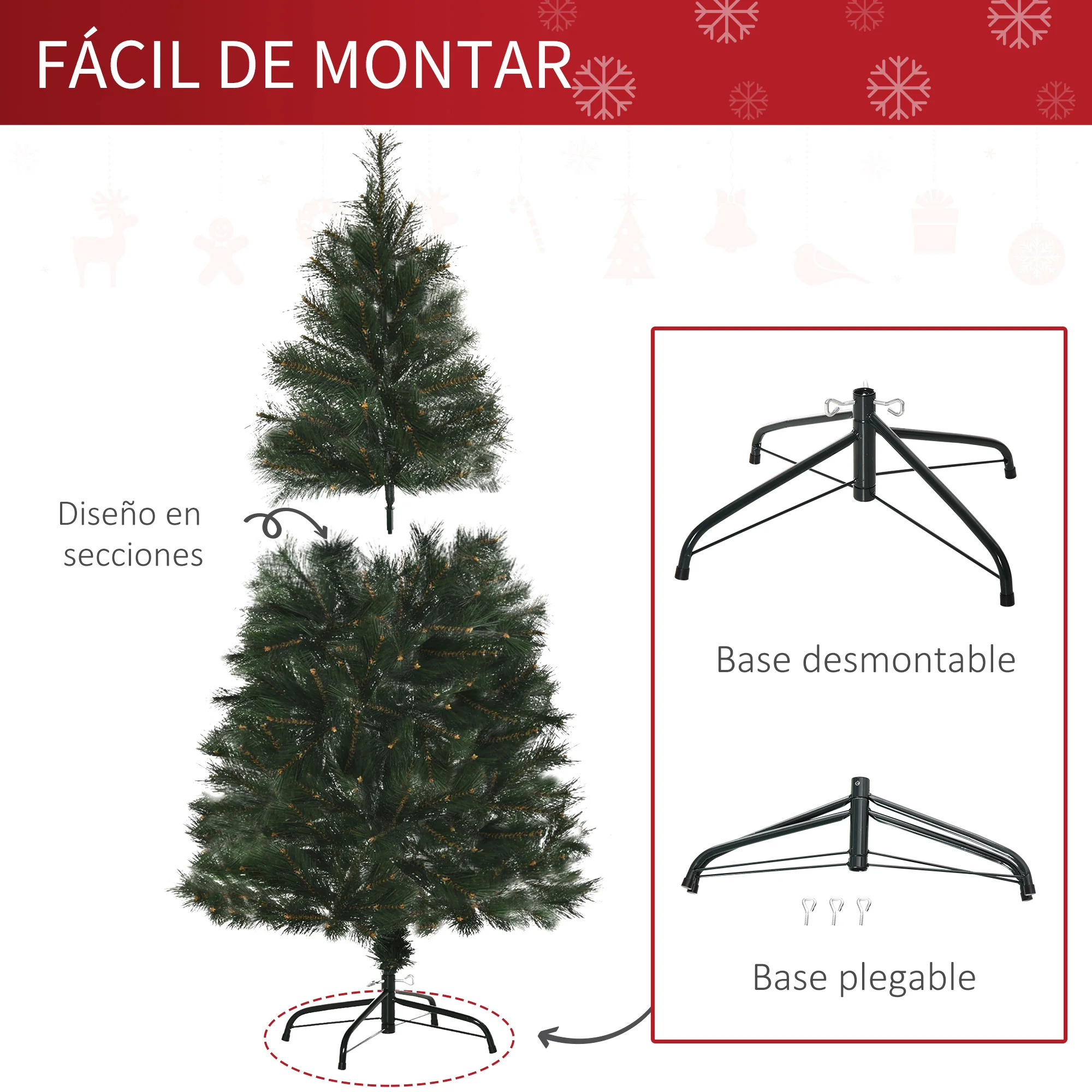 HOMCOM Árbol de Navidad con 219 Agujas de Pino de PVC Ignífugo Base Plegable y Soporte de Acero para Interiores Verde - imagen 3