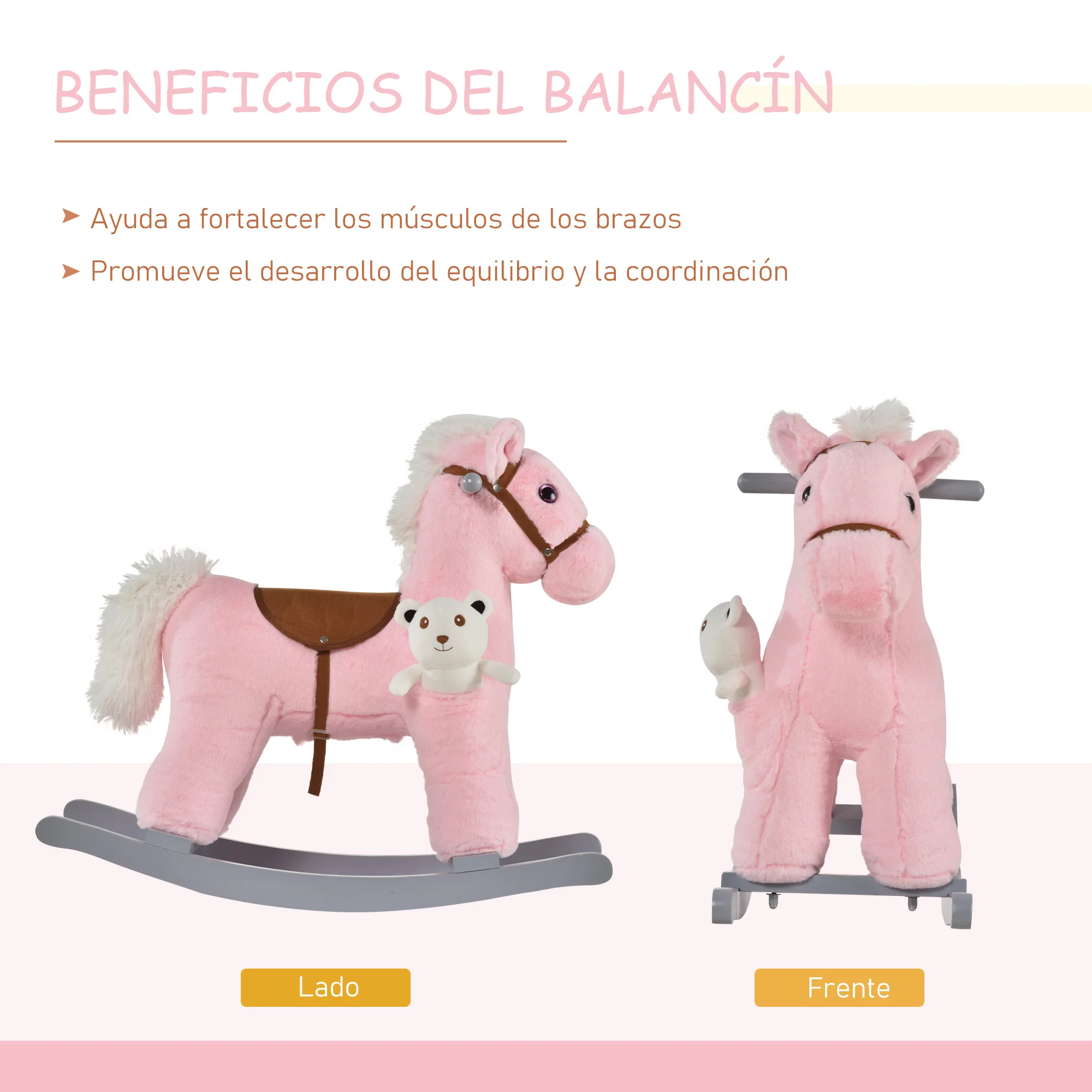HOMCOM Caballito Balancín para Niños de 18-36 Meses Caballo Mecedora Felpa con Osito de Peluche Sonidos de Relincho 65x26x55 cm - imagen 3