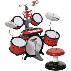 HOMCOM Batería Infantil con Taburete Micrófono Platos Baquetas Teclado y Varios Efectos de DJ para +3 Años 77,5x40x76,5 cm Rojo