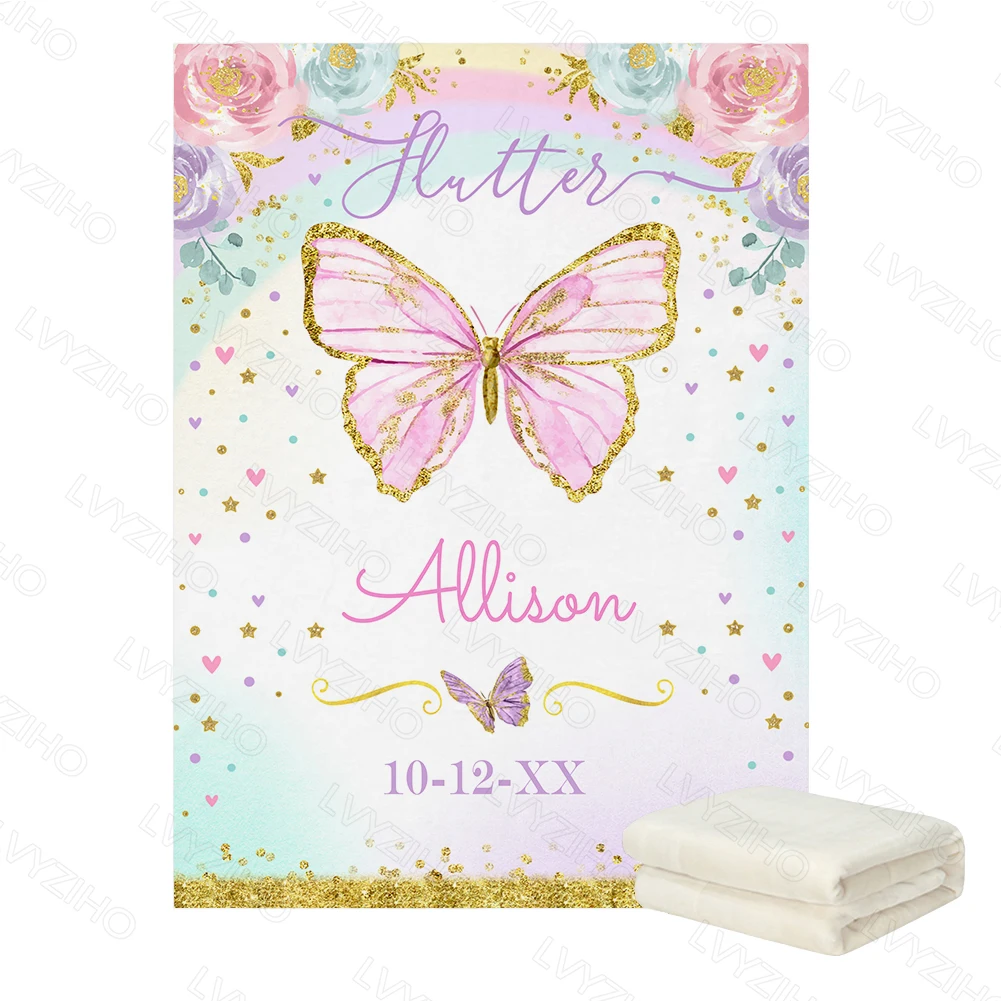 Manta polar personalizada con nombre de bebé – Dinosaurios y mariposas - imagen 4