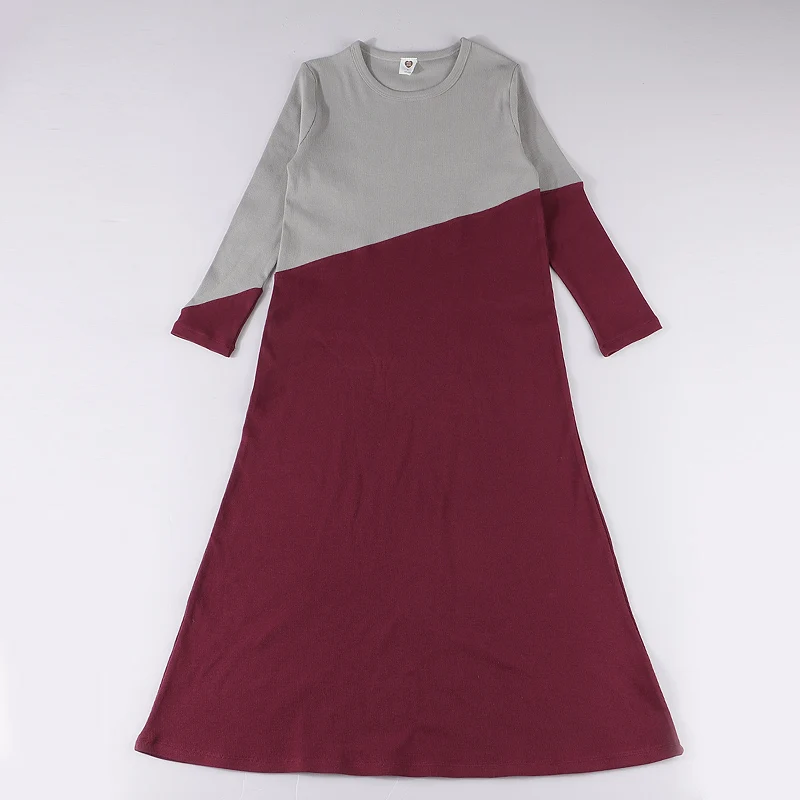 Camisón de manga larga para niña y mujer, ropa acanalada en contraste, vestido maxi informal de algodón, 2x2, verano y primavera