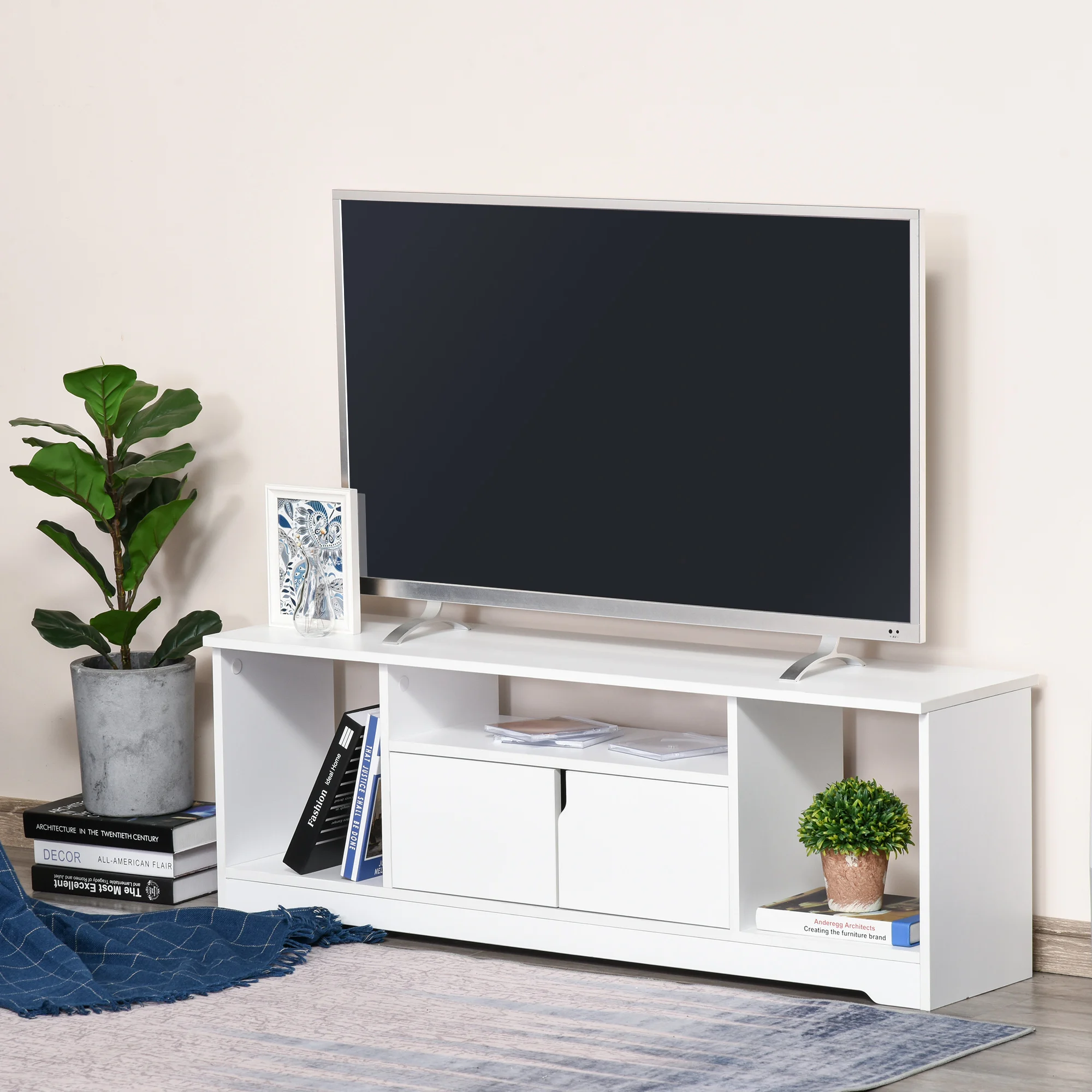 HOMCOM Mueble de TV hasta 42" Mesa de Salón Moderna con Armario de Doble Puerta 3 Compartimentos Abiertos 120x30x41cm Blanco