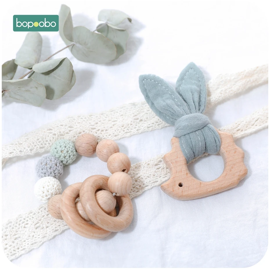 Bopoobo-sonajero de cuentas de madera para bebés, juguete de bricolaje, pulsera de tela, traqueteo de conejo, mordedor sin BPA, música