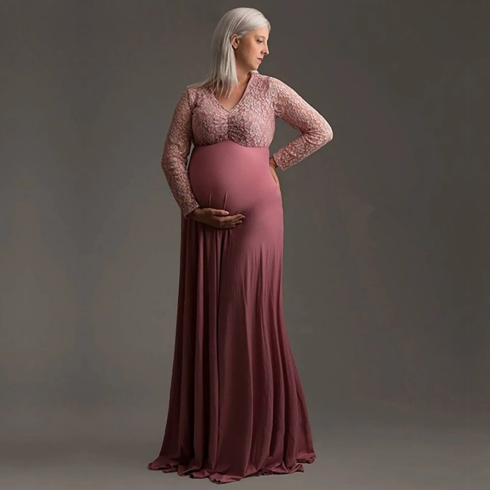 Accesorios de fotografía para embarazadas con costura de encaje y cuello en V para mujer, vestido largo de maternidad Одеж Бе eusм desain onderdelenх, ropa de maternidad - imagen 2