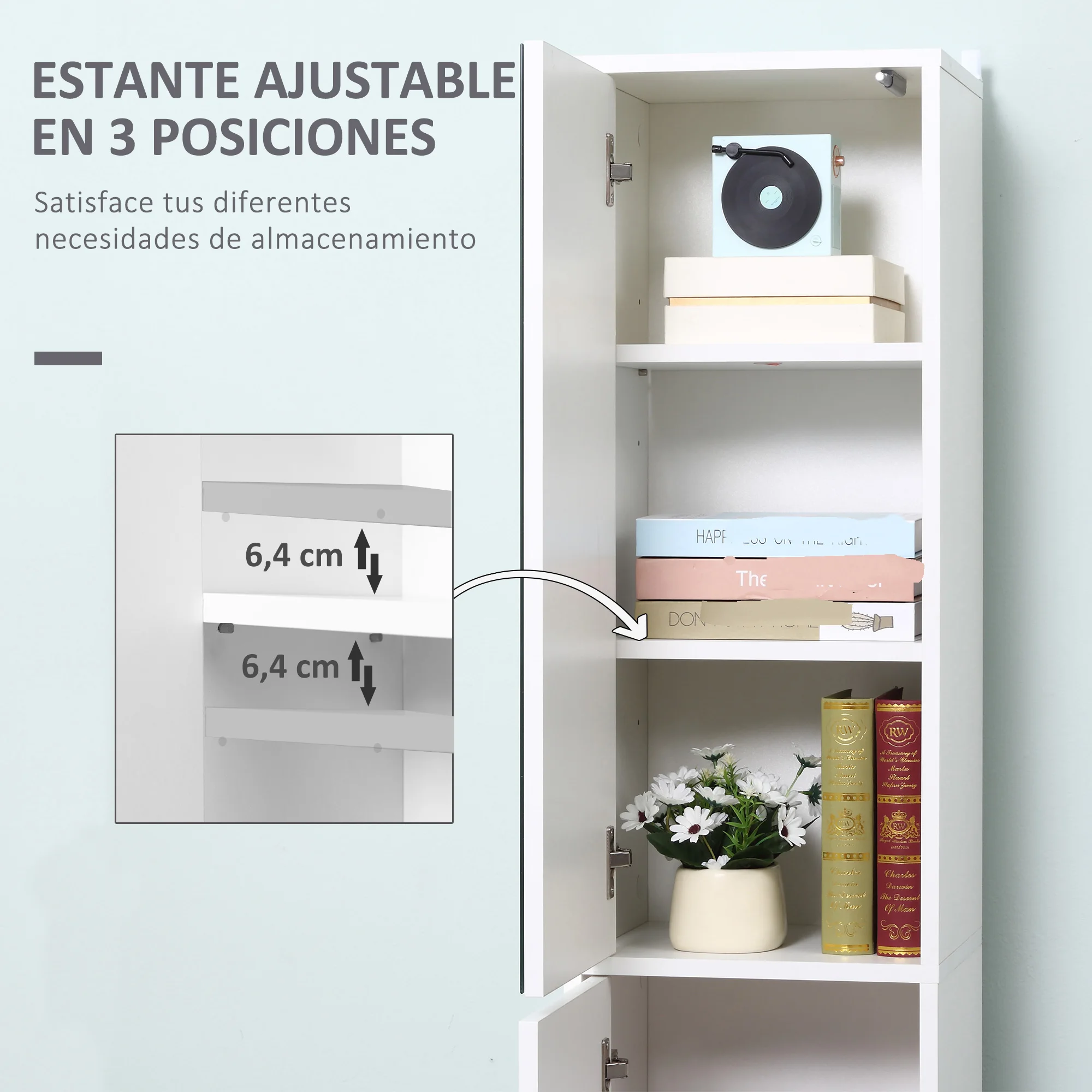 kleankin Armario para Baño Alto Mueble Columna de Baño con Espejo 2 Puertas y Estantes Interiores Ajustables Multiusos para Cocina Salón 32x28x162 cm Blanco - imagen 4