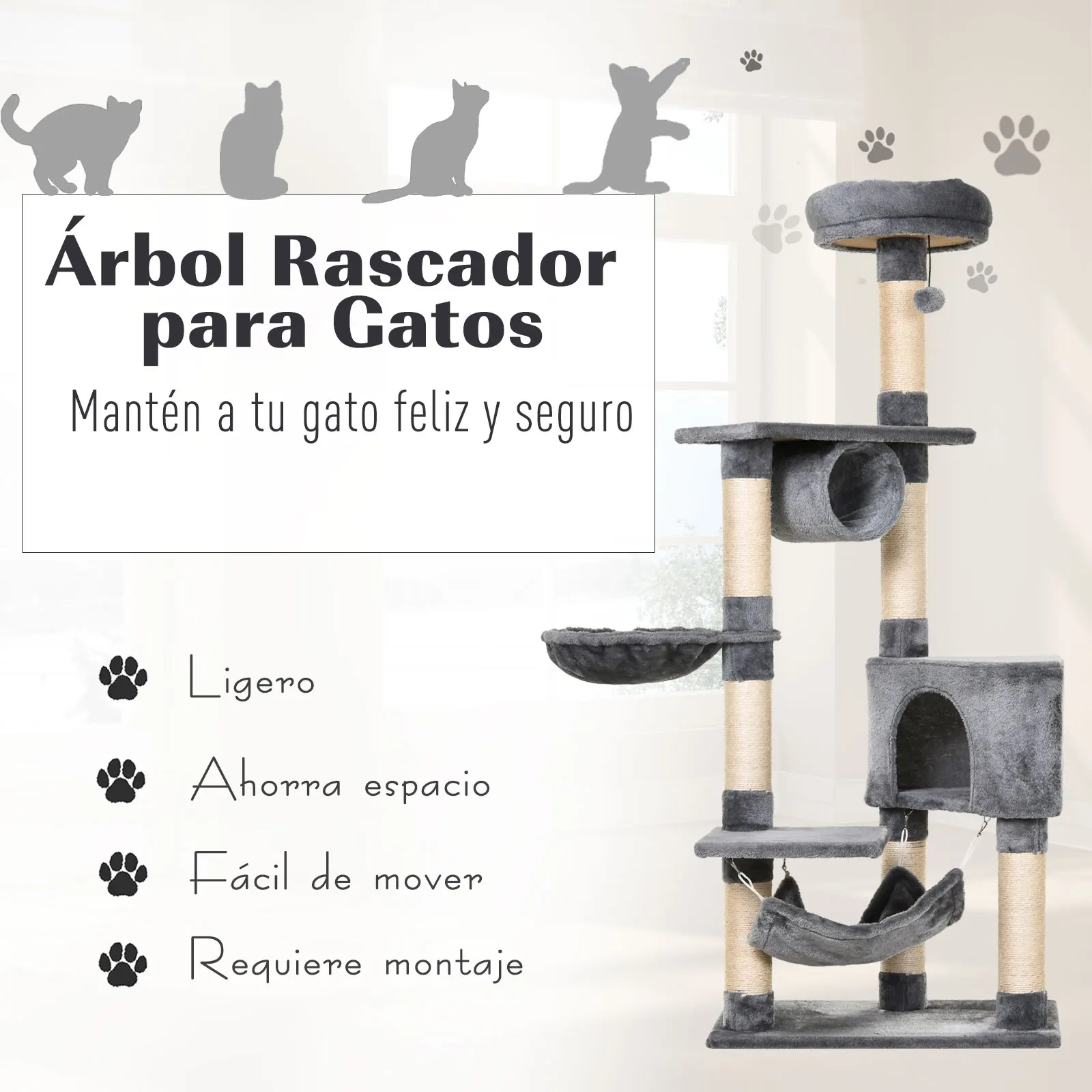 PawHut Árbol Rascador para Gatos 154 cm de Altura Escalador con Plataformas Túnel Hamaca y Postes de Rascado de Sisal, Gris - imagen 3