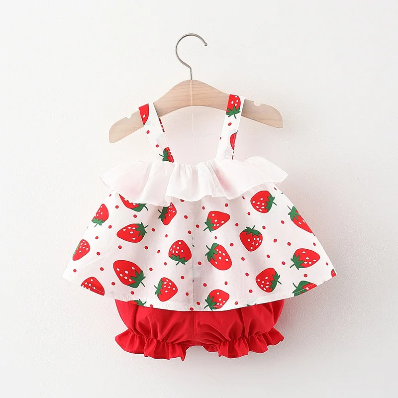 Conjunto de ropa de verano para niña pequeña, Tops sin mangas y pantalones cortos de algodón con estampado de fresas de dibujos animados, BC076, 2 piezas - imagen 4