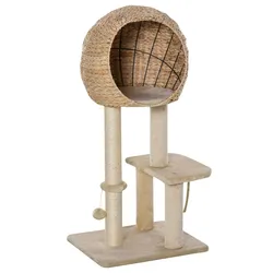 PawHut Árbol Rascador para Gatos Torre de Escalada con Plataforma Caseta Bola y Cuerda de Juego Poste de Sisal 48x40x100cm Beige