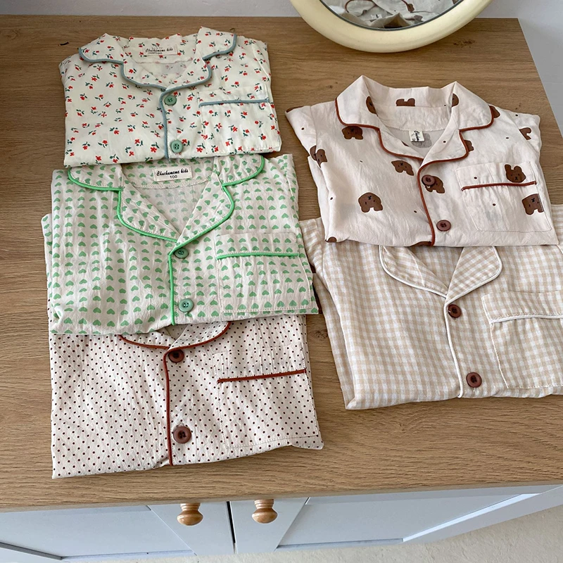 Pijamas de verano para niños y niñas, traje con estampado coreano, ropa de dormir informal de algodón - imagen 4