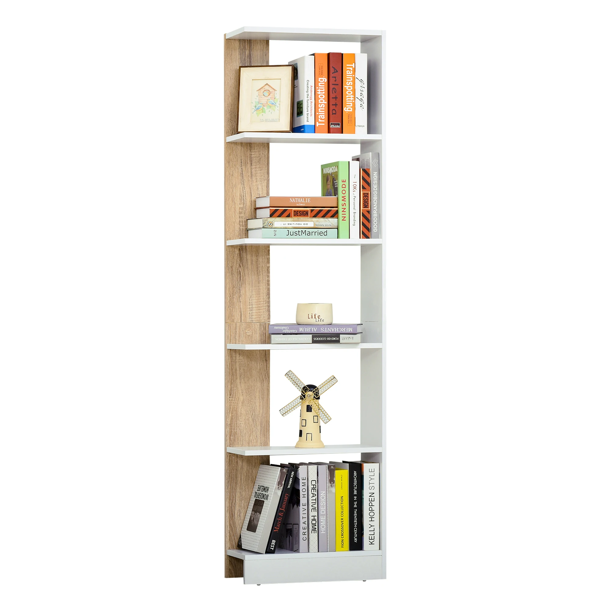 HOMCOM Estantería de Almacenaje con 5 Estantes Librería Multiusos para Estudio con Base Elevada 45x21x170 cm Blanco y Roble