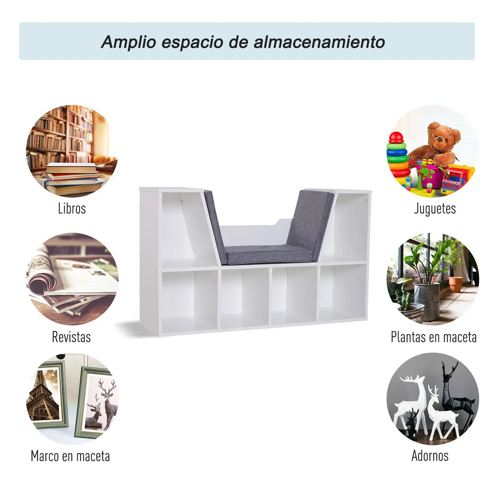 HOMCOM Estantería con Asiento 6 Cubo Librería Original Infantil Zapatero con Cojín Estante con Banco Multiusos 102x30x61cm - imagen 3