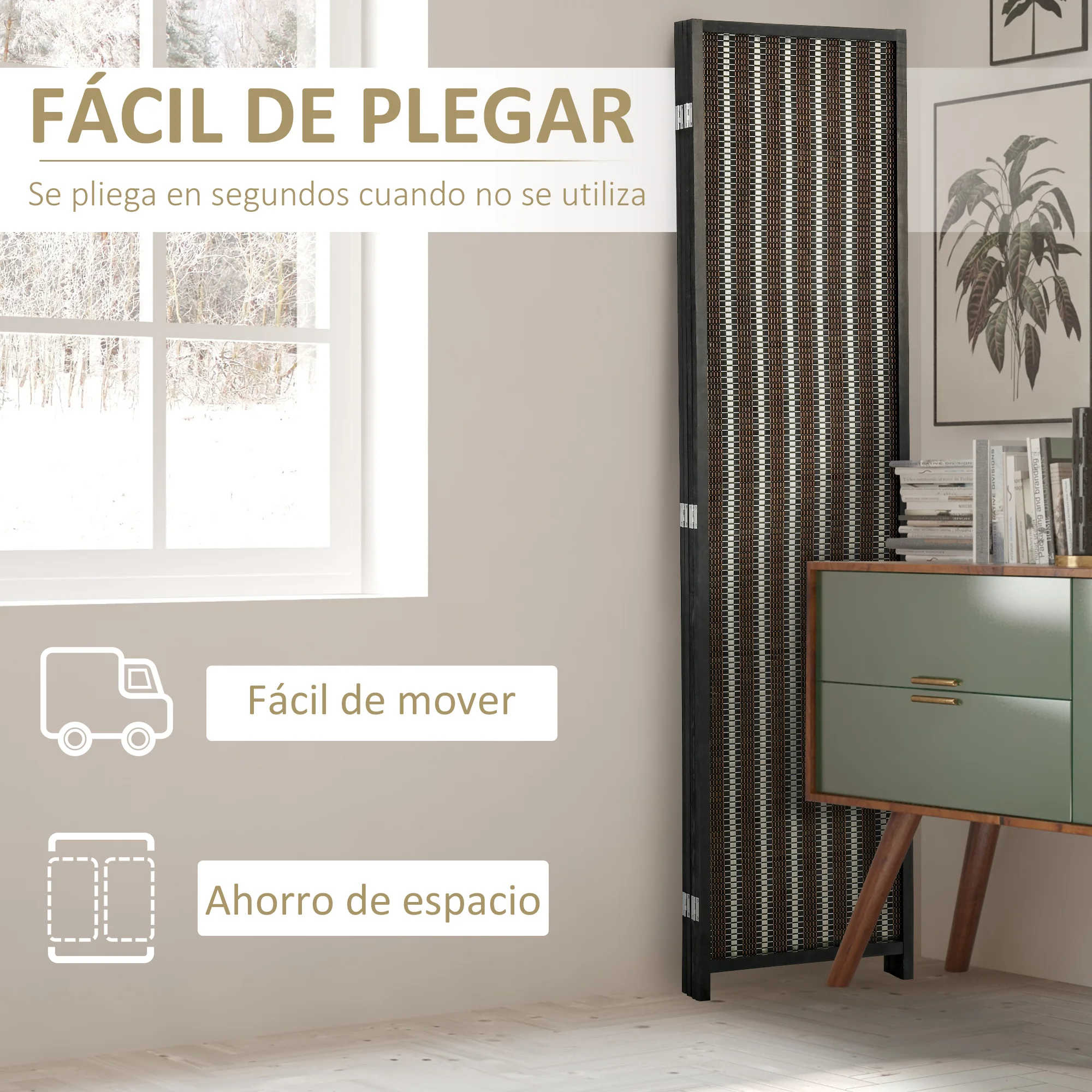 HOMCOM Biombo de 4 Paneles de Bambú Separador de Ambientes Plegable Divisor de Espacios Dormitorio Salón 180x180x1,9 cm Marrón - imagen 5