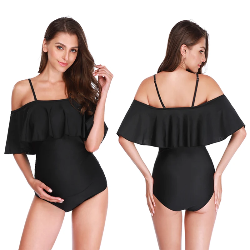 Traje de baño de maternidad para mujer, Bikinis con volantes sólidos sin hombros, bañador de una pieza con cuello Halter de talla grande, ropa de playa para embarazadas, Bodys
