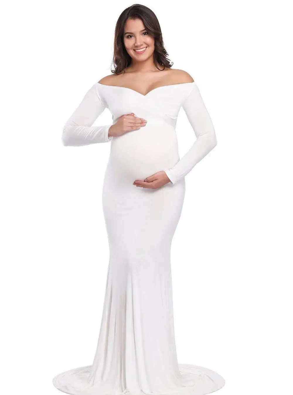 Vestido de maternidad elegante, ropa ajustada para sesión de fotos de embarazadas, manga larga, cuello en V, fruncido, ajustado, Maxi vestido largo para embarazadas, otoño