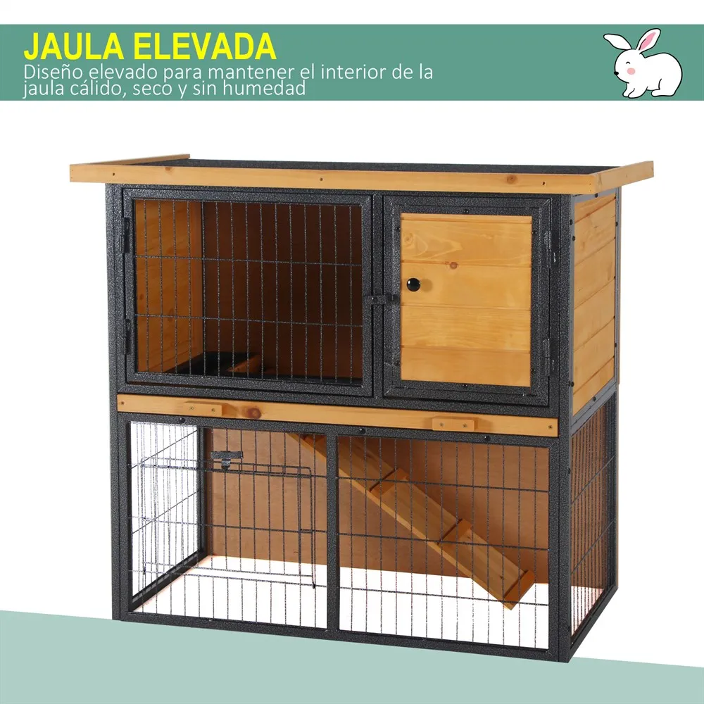 PawHut Conejera de Exterior para Mascotas Pequeñas 2 Niveles con Rampa Bandeja Extraíble Puertas 89,5x45x81 cm Madera y Gris - imagen 3
