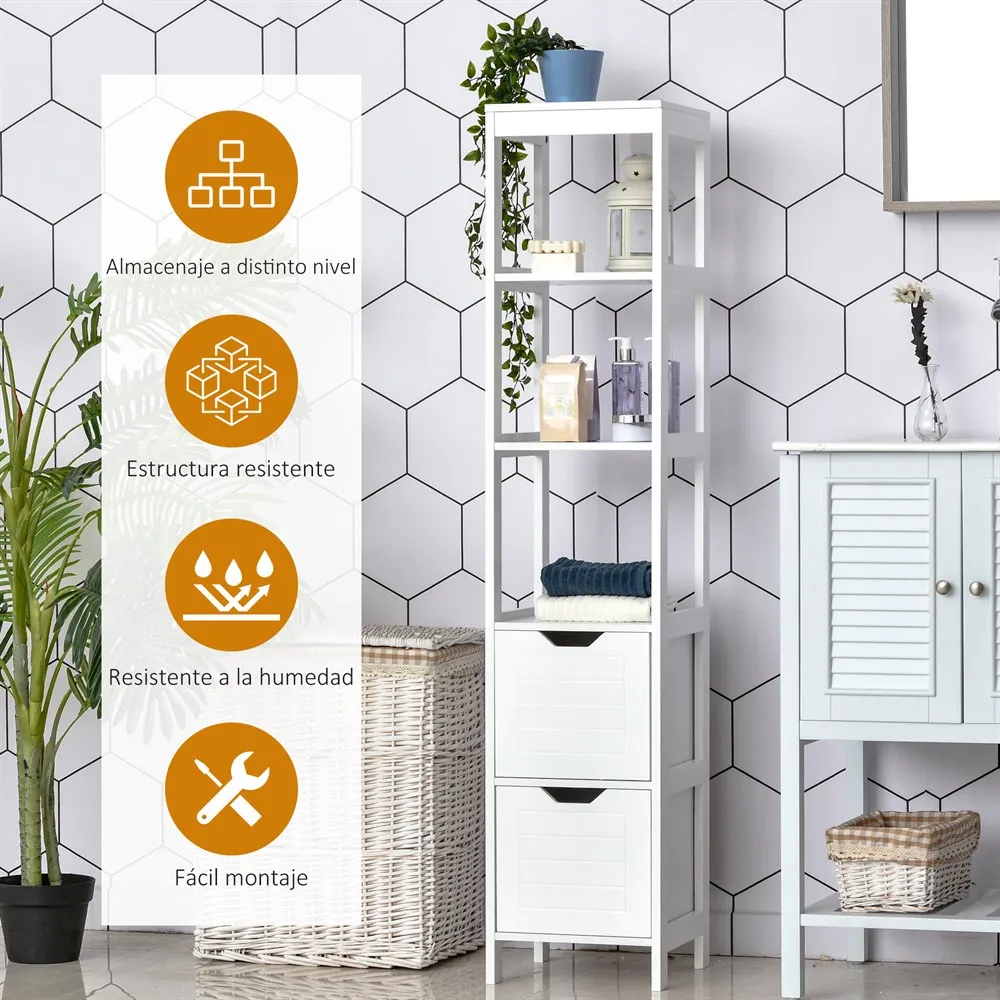 kleankin Armario Alto de Baño Multiusos Mueble Columna 3 Estantes Abiertos y 2 Cajones de Almacenaje Diseño Antivuelco Blanco - imagen 5