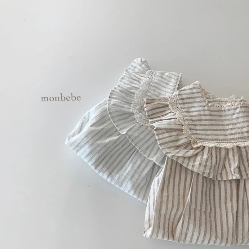 Mameluco a rayas Vintage para niñas - Verano con volantes suaves - imagen 3