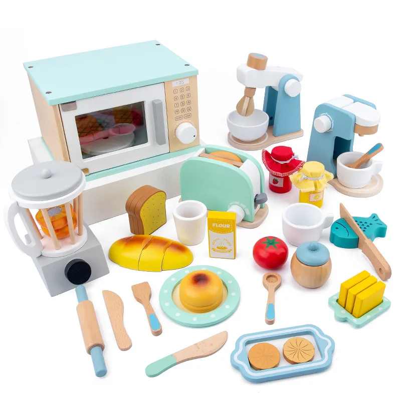 QWZ-Juego de juguetes de cocina de simulación de madera, casa de juegos, juguete educativo para edades tempranas, máquina de pan, horno microondas para regalo de Navidad para niños