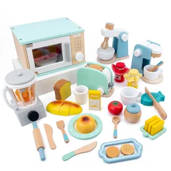 QWZ-Juego de juguetes de cocina de simulación de madera, casa de juegos, juguete educativo para edades tempranas, máquina de pan, horno microondas para regalo de Navidad para niños