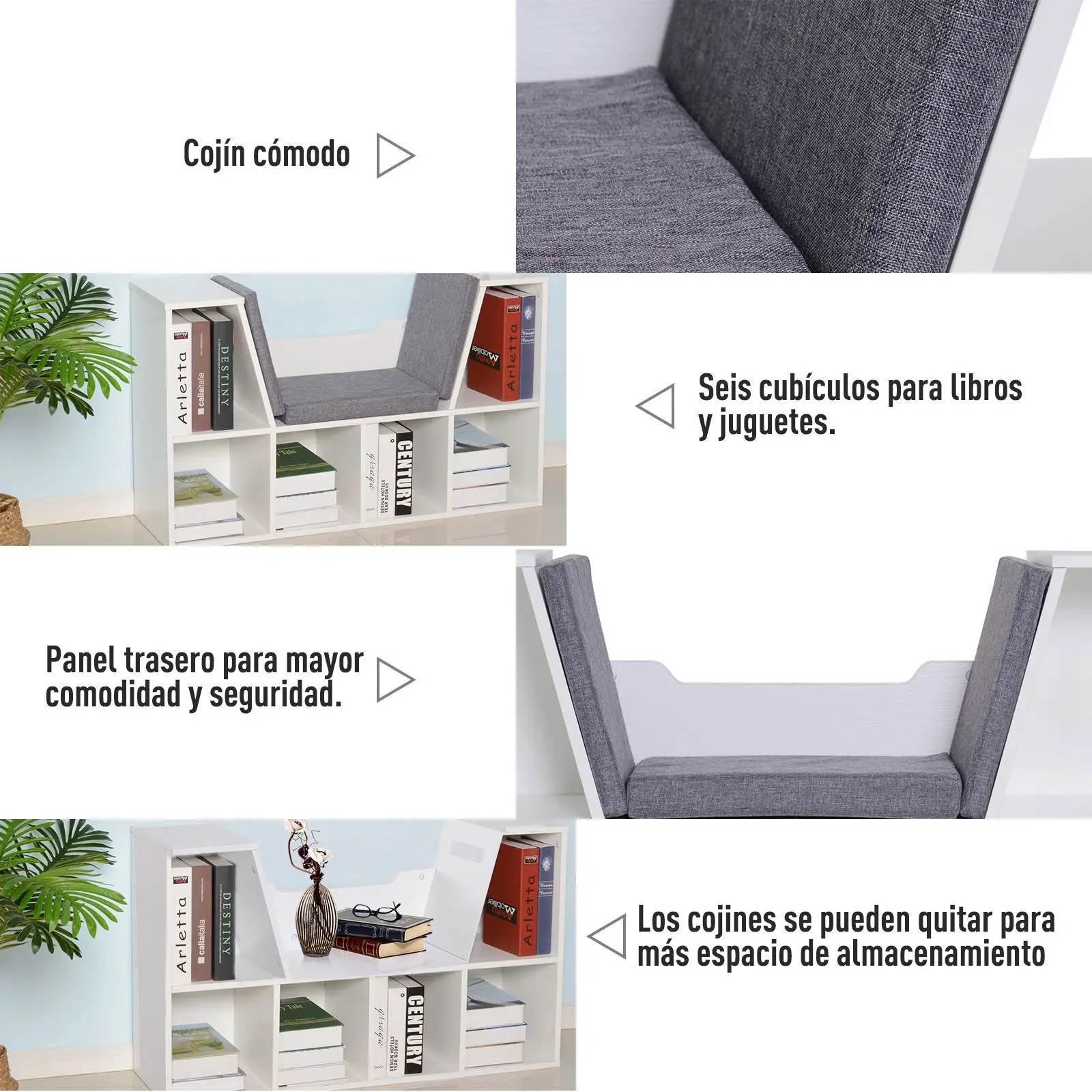 HOMCOM Estantería con Asiento 6 Cubo Librería Original Infantil Zapatero con Cojín Estante con Banco Multiusos 102x30x61cm - imagen 5