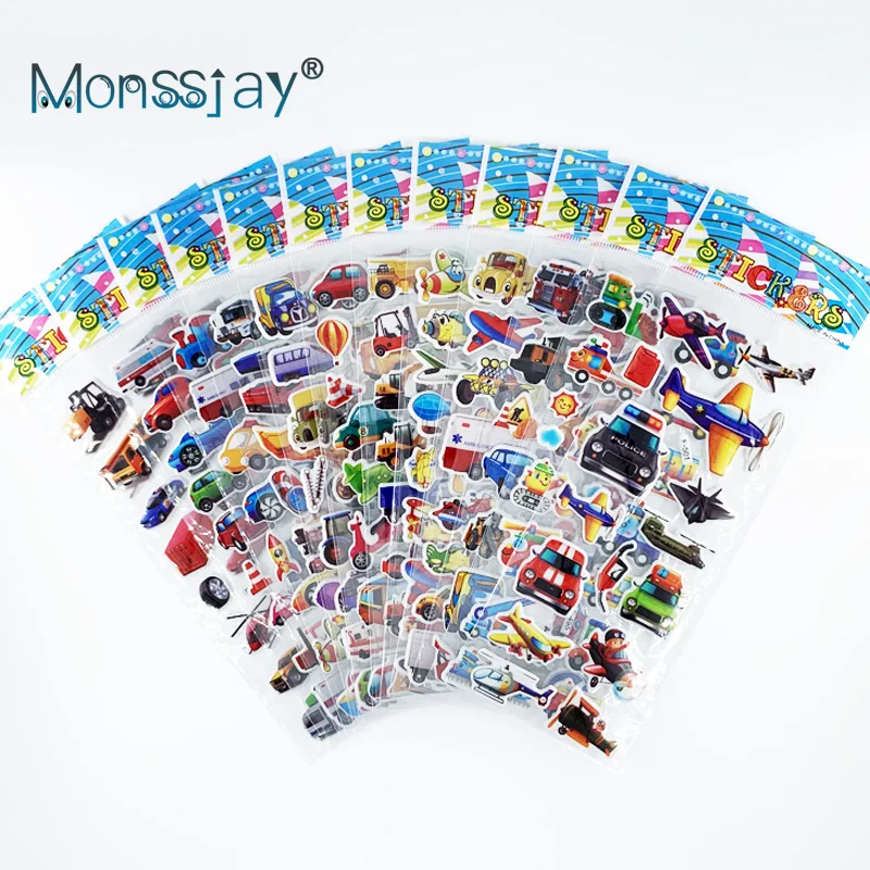 Juego de pegatinas de dibujos animados 3D para niños, pegatinas de tráfico de estilo de avión de vehículo de ingeniería, juguetes para niños, álbum de recortes DIY, regalo para niños, 12 hojas por juego