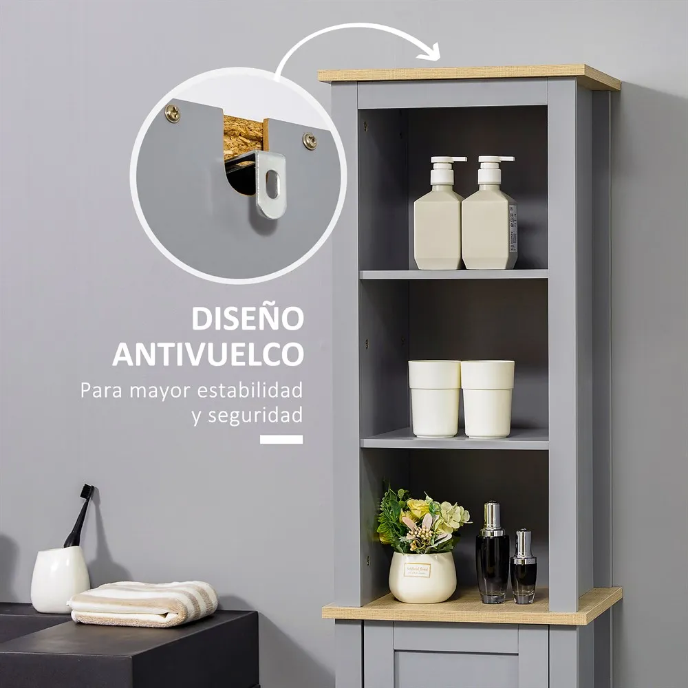 kleankin Armario Alto de Baño Mueble Columna Estrecho Moderno con 1 Puerta Estante Ajustable y 3 Compartimentos 39x30x168cm Gris - imagen 5