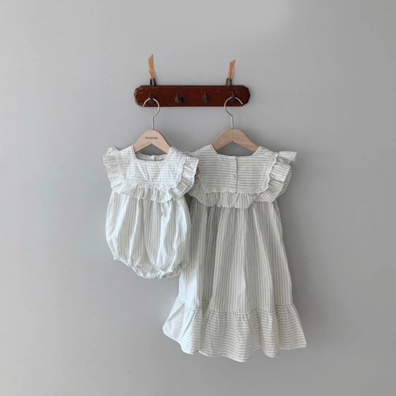 Mameluco a rayas Vintage para niñas - Verano con volantes suaves - imagen 2