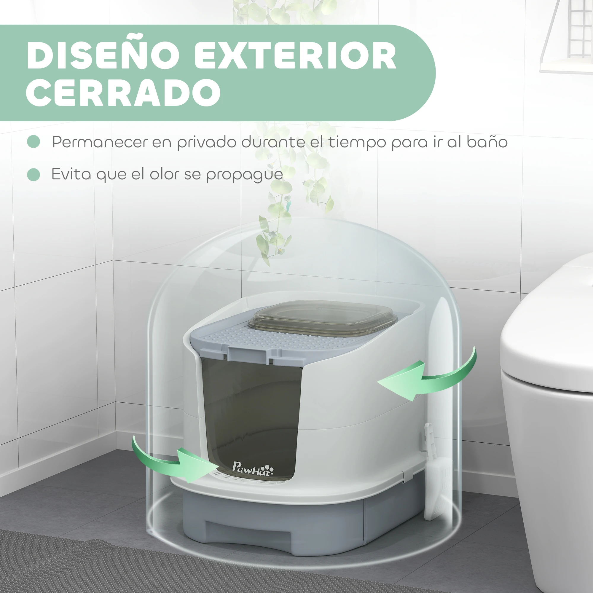 PawHut Arenero para Gatos Cubierto Caja de Arena para Gatos Arenero Cerrado para Gatos con Entrada Frontal Salida Superior Tapa Removible Bandeja Extraíble y Pala 40,5x52,5x42,5 cm Blanco y Gris - imagen 4