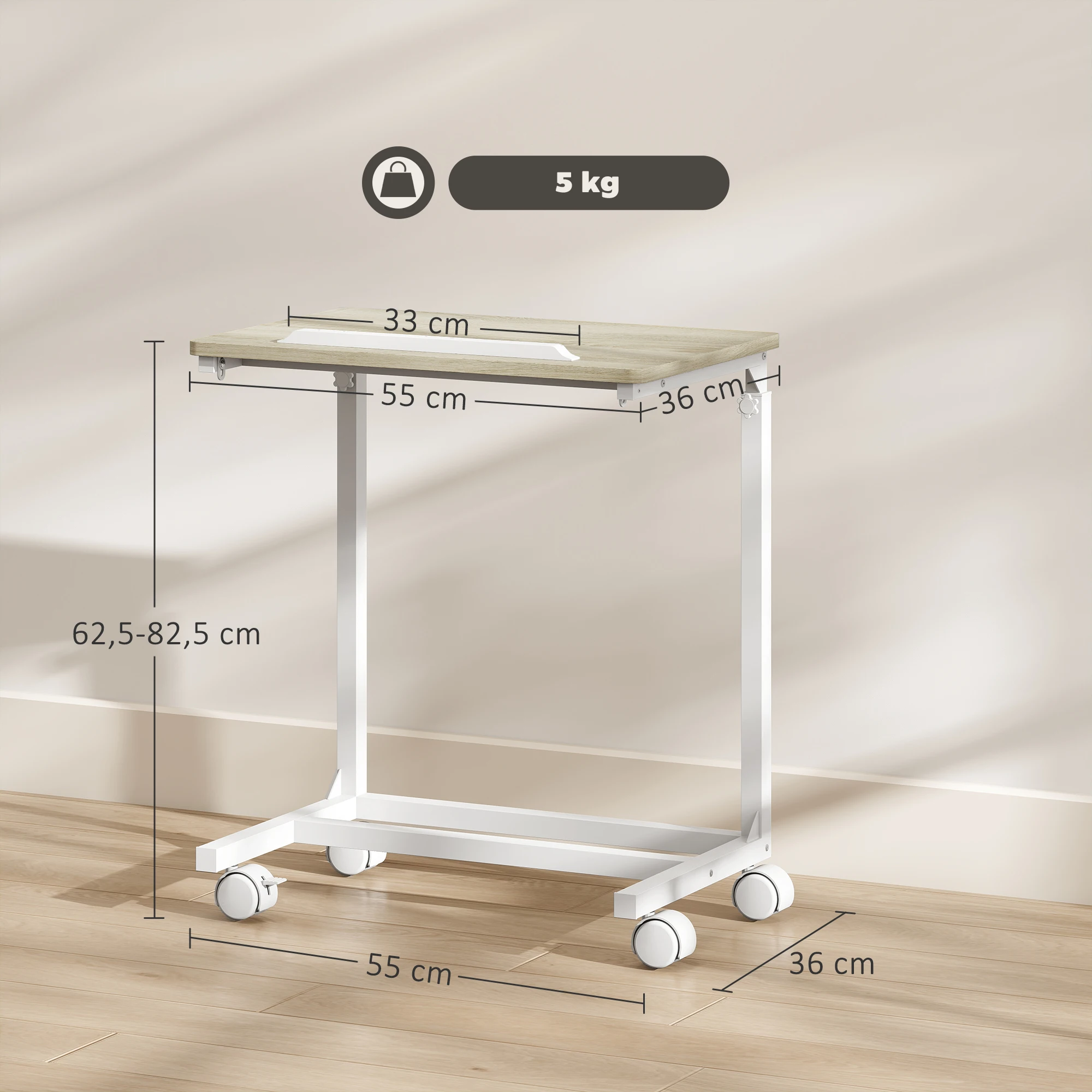 HOMCOM Mesa Auxiliar con Ruedas Mesa para Sofá con Altura Ajustable Superficie Inclinable y Marco de Metal para Dormitorio Salón Oficina 55x36x62,5-82,5 cm Roble - imagen 2