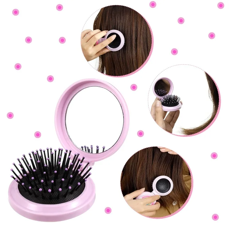 Lindo cepillo de pelo plegable de dibujos animados con espejo para bolso/bolsillo redondo Mini peine de masaje compacto para niñas mujeres conejito arcoíris - imagen 5