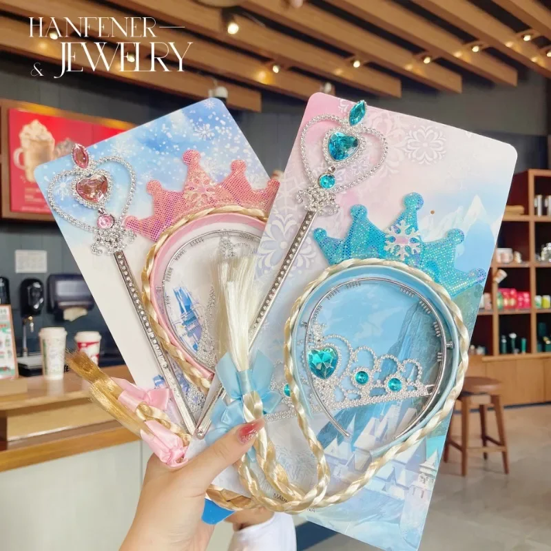 Accesorios para el cabello para niños, varita de corona trenzada con lazo, tres piezas para niños, regalos de cumpleaños, diadema de princesa para niñas, peluca, aro para la cabeza - imagen 2