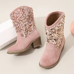 Botas cortas de cuero con lentejuelas para niña – Tacón grueso