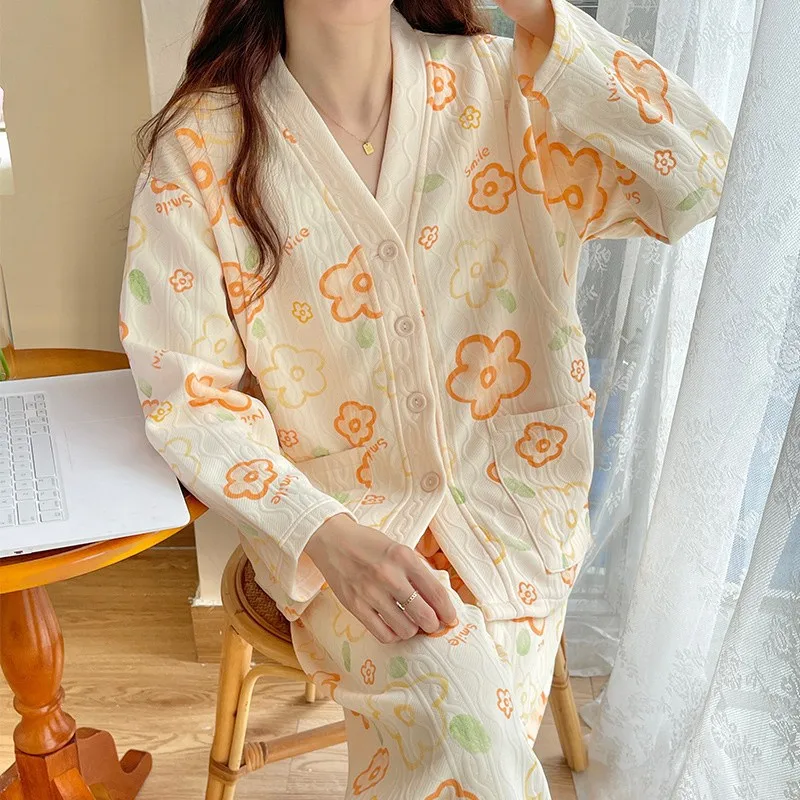 Conjunto de pijamas de maternidad para otoño e invierno, ropa de dormir gruesa para amamantar, pijama de algodón, traje de lactancia, 2 piezas - imagen 3