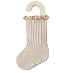 Calcetines para bebé recién nacido, calcetines tejidos de algodón suave con adornos de Color caramelo, calcetines con volantes para cuna media, punta sin costuras, antideslizantes para bebés pequeños