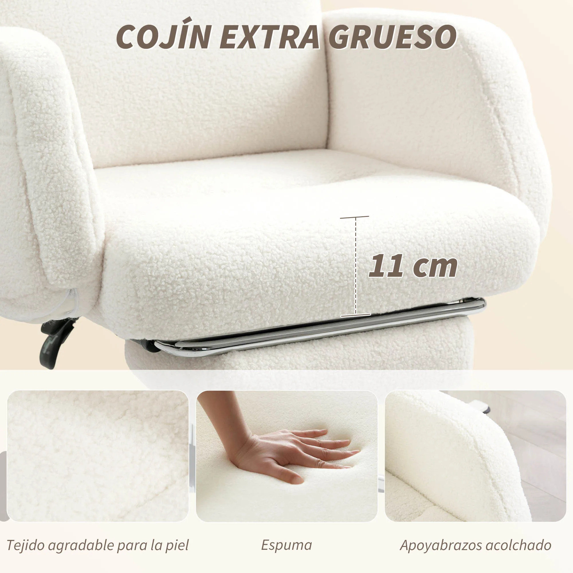 HOMCOM Silla de Escritorio con Reposapiés Tapizada en Borreguito Silla de Oficina con Respaldo Reclinable Reposacabezas Ajustable Respaldo Alto Altura Ajustable Crema - imagen 4