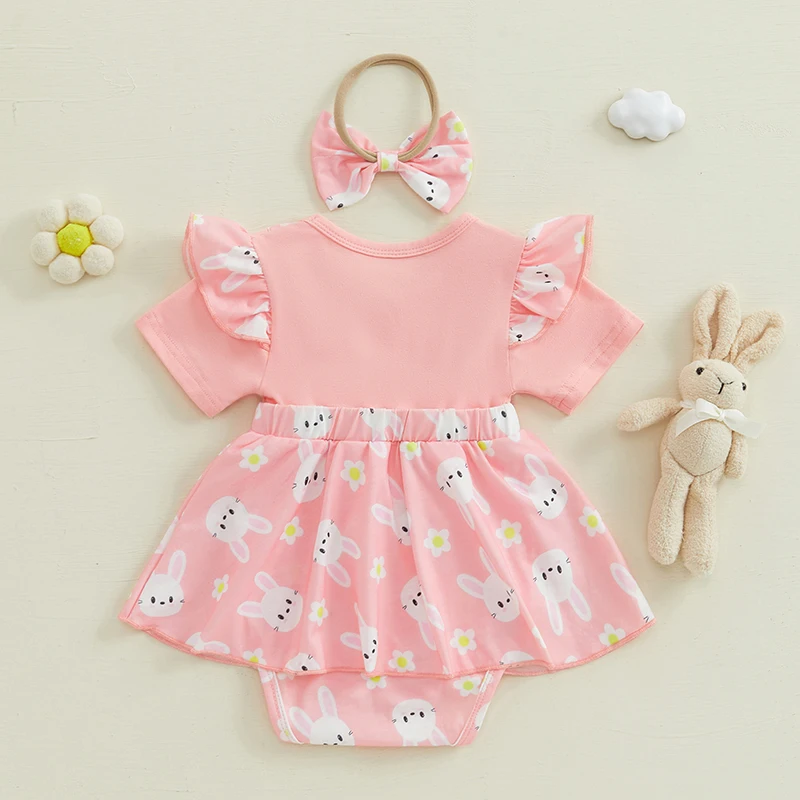 SUNSIOM Vestido mameluco de Pascua para niña de 0 a 18 meses, manga corta, cuello redondo, estampado de conejito, mameluco con diadema - imagen 3