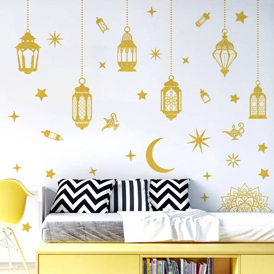 Pegatinas de ventana de linterna de Luna y estrella dorada, pegatinas de pared para decoración de Ramadán, dormitorio, sala de estar, pegatinas de decoración de pared del hogar